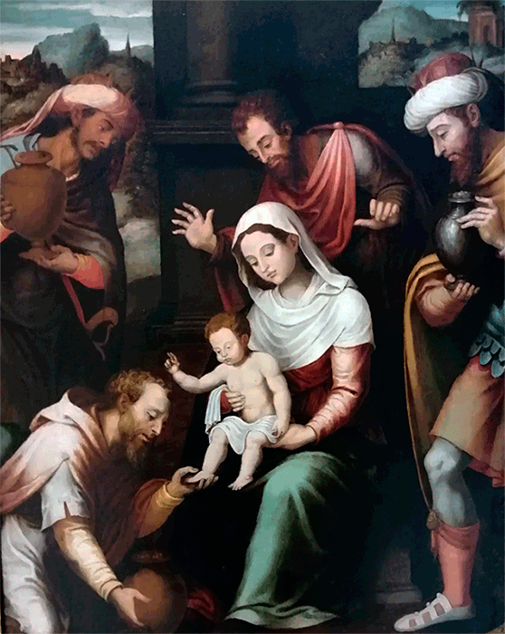 Peregrinos hacia Belén. La Adoración de los Magos, pintura del siglo de Juan de Juanes 