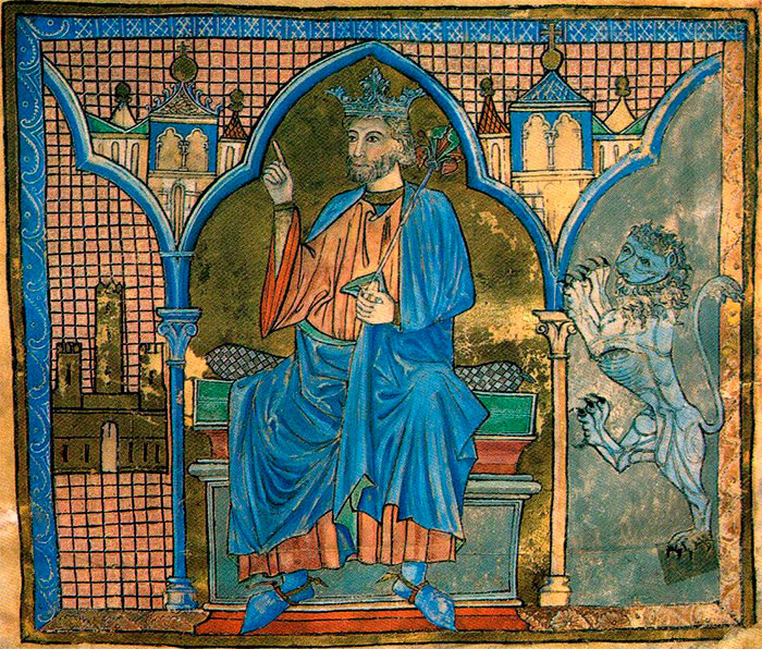 En rey Fernando III en una miniatura del tumbo A de la catedral de Santiago de Compostela