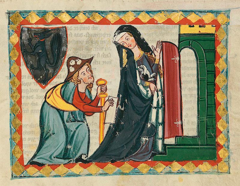 Dama recibe al peregrino. iluminación medieval